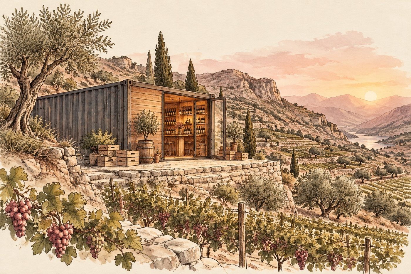 הדמיית איור של מכולת יקב בין טרסות כרם והרי שומרון בשעת שקיעה